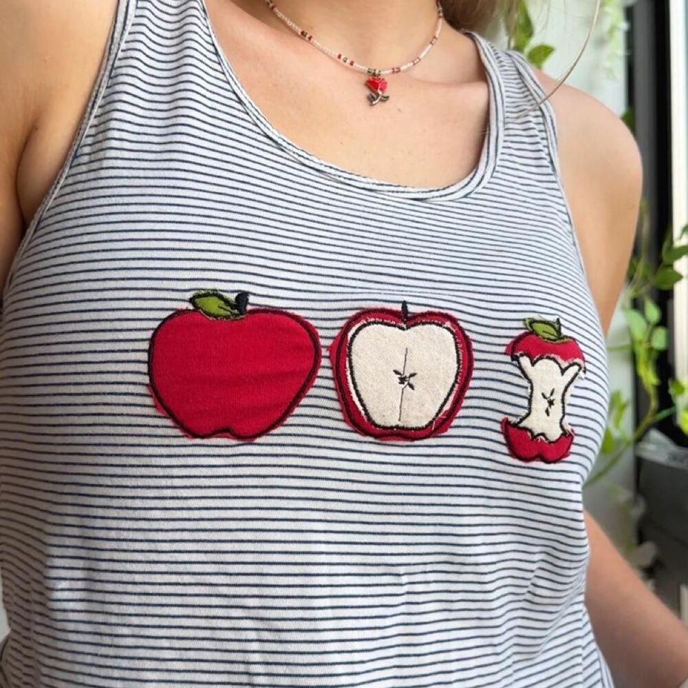 100% cotton upcycled striped apple patchwork embroidered racer back tank top